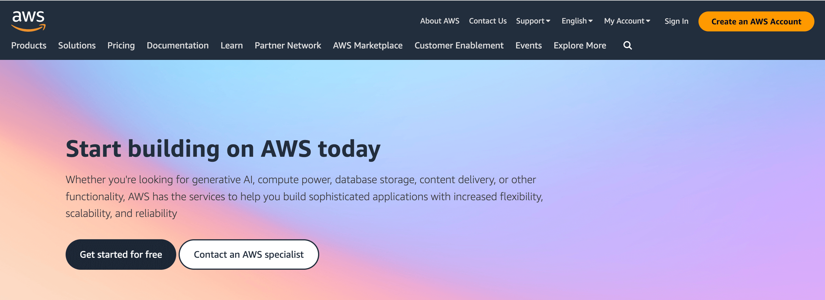 AWS website home page