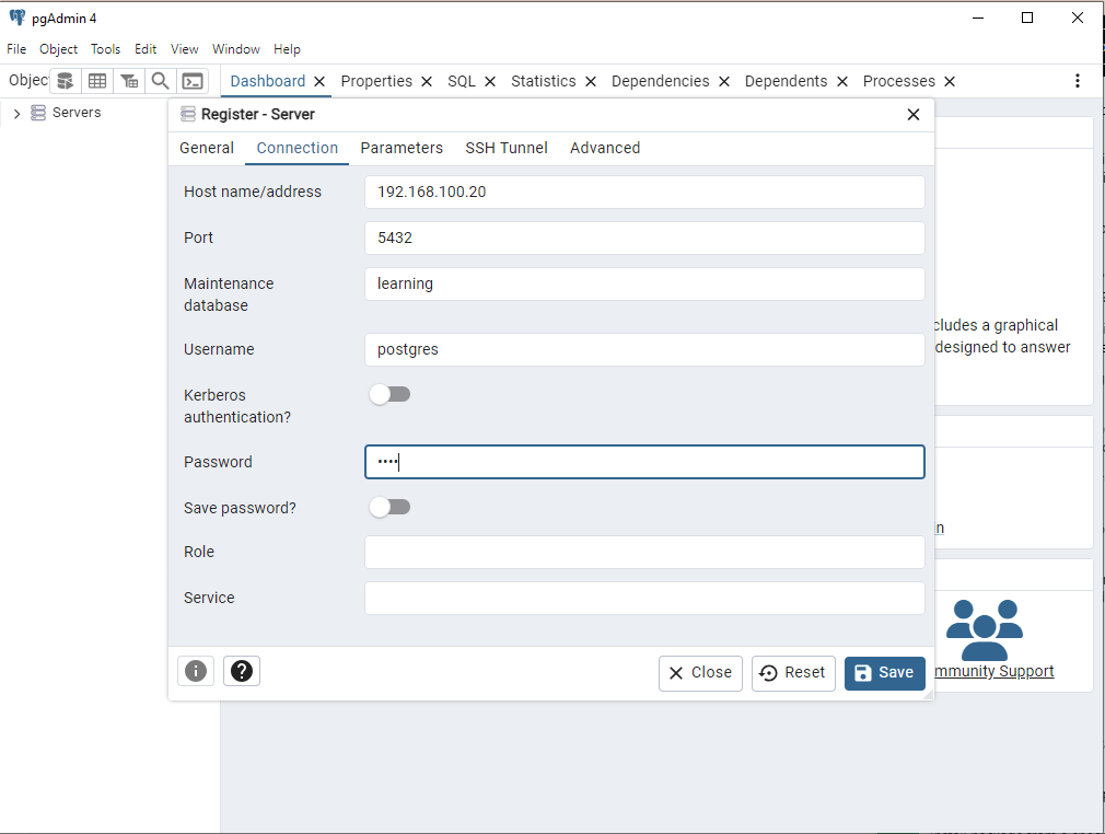 How to configure pgAdmin to connect to PostgreSQL database server