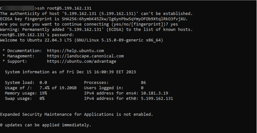 Connect to the server via SSH