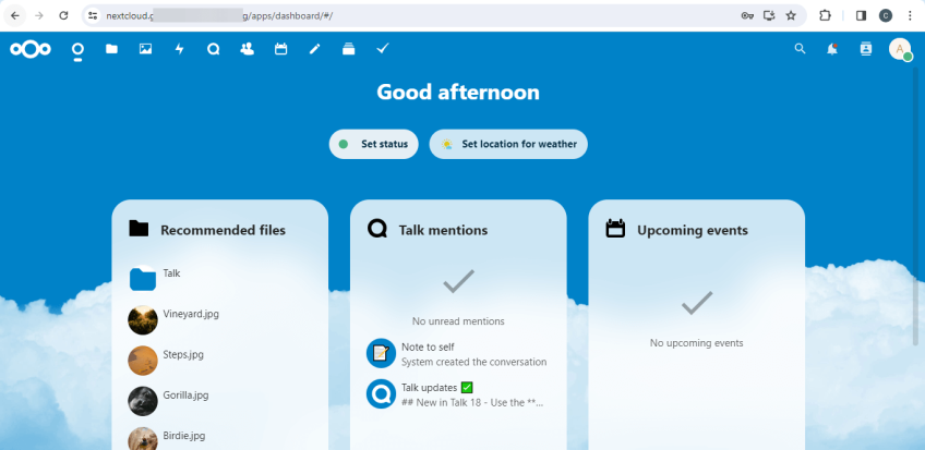 Accessing the Nextcloud dashboard