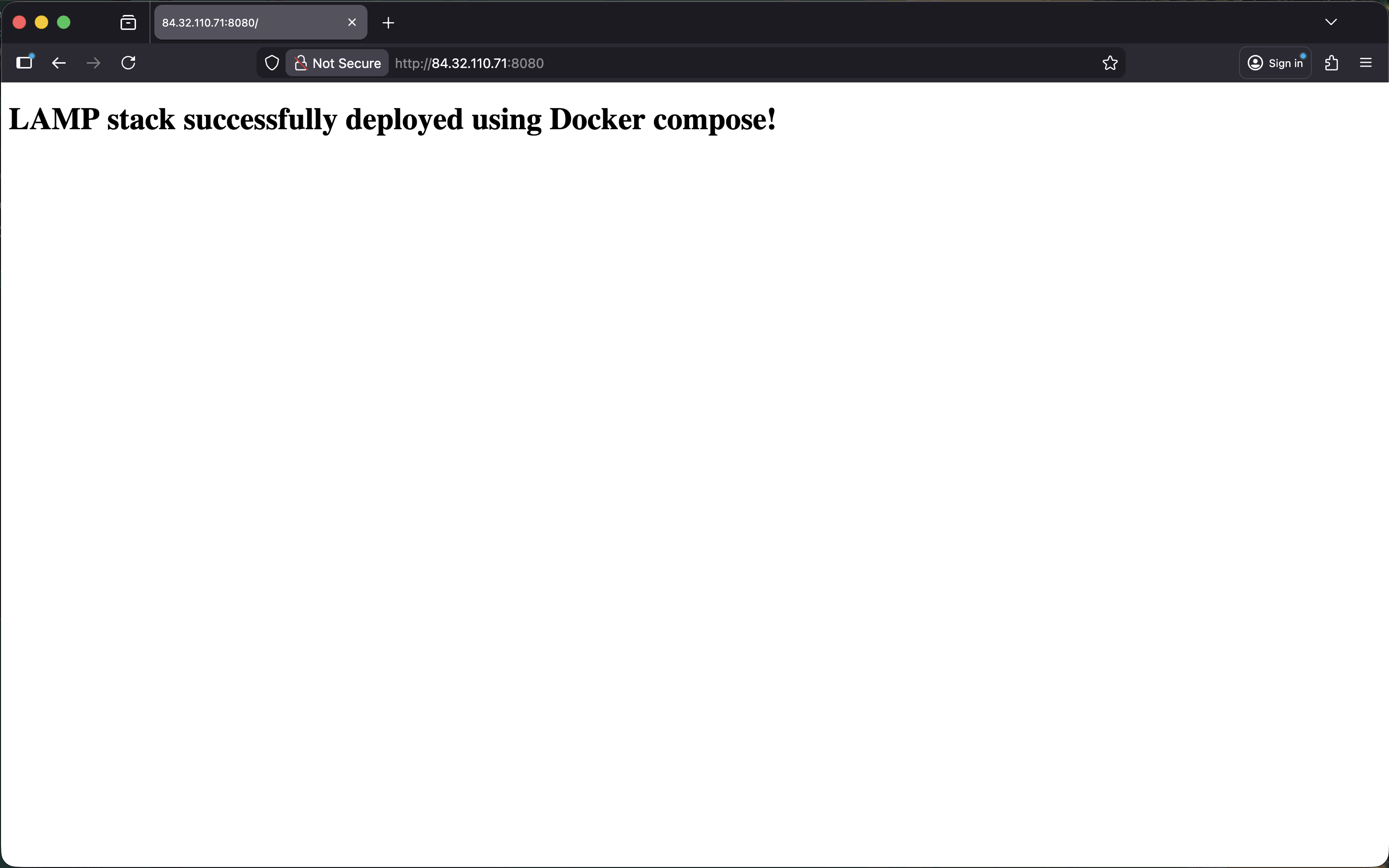 Web page showing the server is running as expected