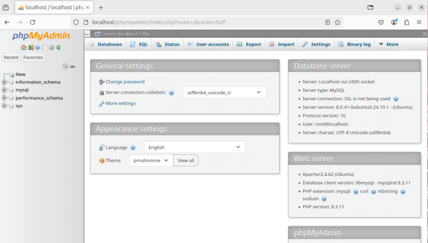 phpMyAdmin dashboard